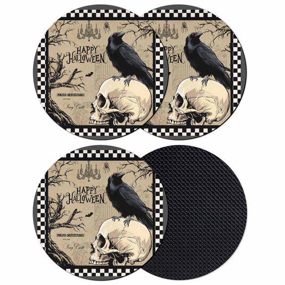 Happy Halloween Coasters Set of 4, Absorbent Coasters for Drinks, Horrible Skull Head Black Crow Check Coaster for Desk Coffee Table Protection, Home Decor House Warming Gifts 4"