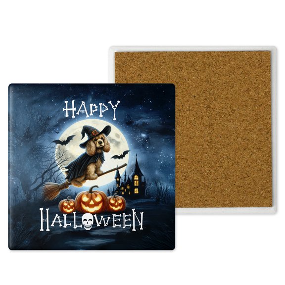 Happy Halloween Cocker Spaniel Witch Pumpkins Bats Set of 4 Stone Coasters Cockers Dog Lover Gifts 4x4in Absorbent Soapstone Coaster - 13012