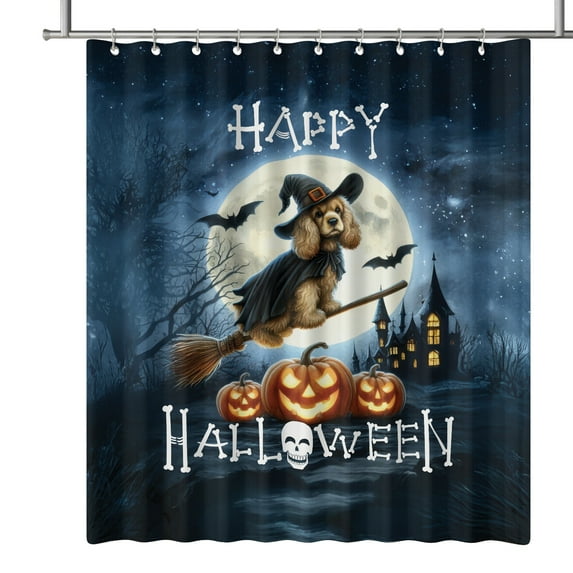 Happy Halloween Cocker Spaniel Witch Pumpkins Bats Shower Curtain Cockers Dog Lover Gifts Waterproof Bathroom Bathtub Curtain - 13012