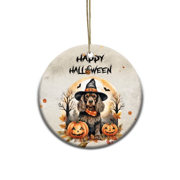 Happy Halloween Cocker Spaniel Witches Hat Pumpkin Carving Ceramic Round Ornament Cockers Dog Lover Gifts Home Tree Decor - 02019