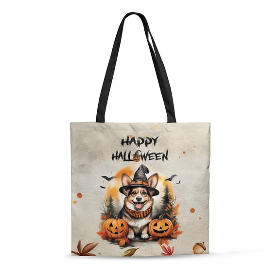 Happy Halloween Corgi Witches Hat Pumpkin Carving All Over Print 3D Canvas Tote Bag Welsh Corgi Dog Lover Gifts Idea Reusable Handbag - 02019