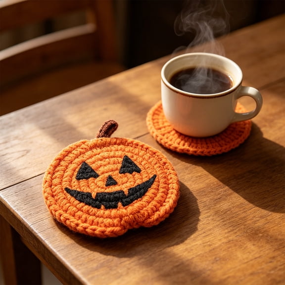 Happy Halloween Cotton Coasters Black Orange Pumpkin Face Handmade Braided Drink Coasters Trick or Treat Absorbent Cup Mats for Party Home Table Decorations , 1 Pc