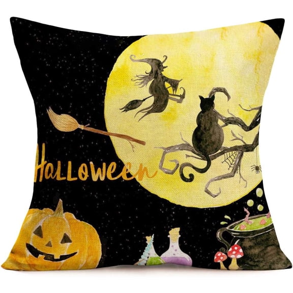 Happy Halloween Cotton Linen Pumpkin Pillow Covers Halloween Night Decorative Throw Pillow Cover Cushion Case with Witch Brooms/Spider Web/Moon/Bat Spooky Tree for Halloween Party Gifts 18"x18" (HN-1)