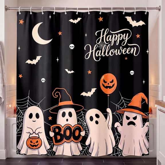 Happy Halloween Cute Ghost Boo Bat Moon Spider Web Shower Curtain