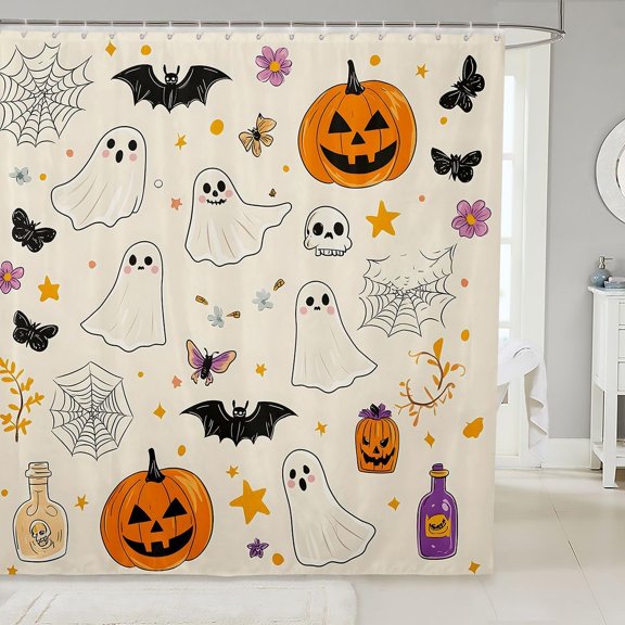 Happy Halloween Cute Ghost Pumpkin Cartoon Bat Spider Web Shower Curtain, Waterproof with 12 Hooks Bathroom Curtain for Bathroom Decor, 72"x84"