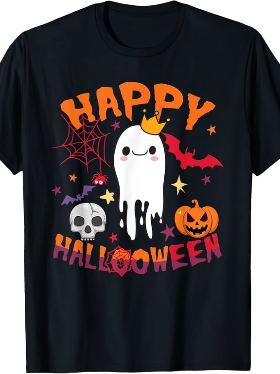 Happy Halloween Cute Spooky Ghost Pumpkin Graphic Tee for Men Women, Funny Fall Holiday Short Sleeve T-Shirt, Casual Crew Neck Top for Halloween Gift