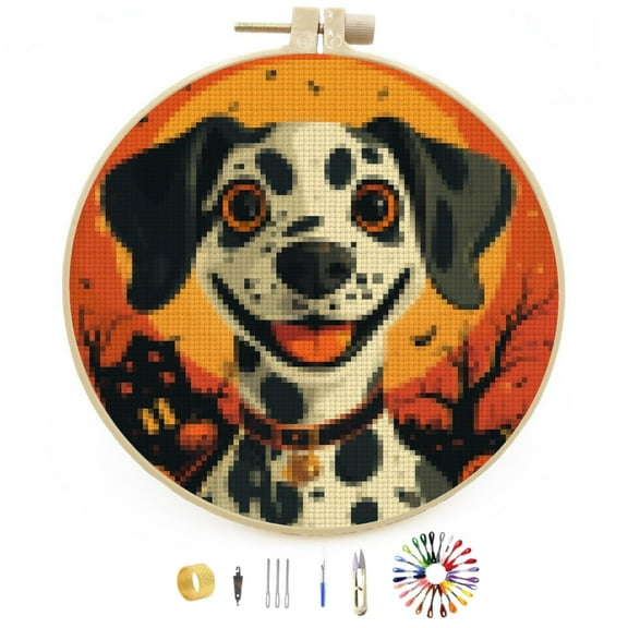 Happy Halloween Dalmatian Dog DIY Stamped Cross Stitch Kits Easy for Beginners with Hoop 11CT Counted Embroidery Needlepoint Crafts Arts for Handmade Enthusiasts and Home Decor 30x30cm(2)