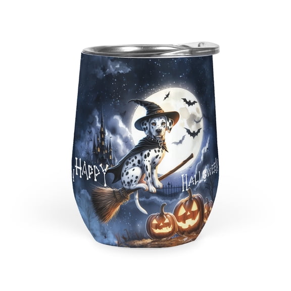 Happy Halloween Dalmatian Witch Pumpkins Bats 12oz Stainless Steel Wine Tumbler Insulated Cup with Lid Dog Lover - 13012