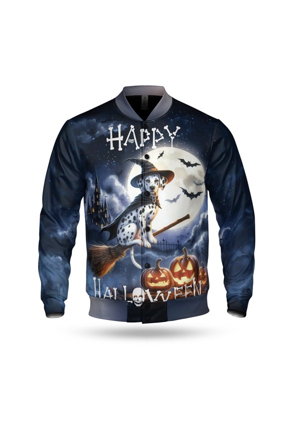 Happy Halloween Dalmatian Witch Pumpkins Bats All Over Print 3D Baseball Jacket Dog Lover Bomber Jacket Softball - 13012
