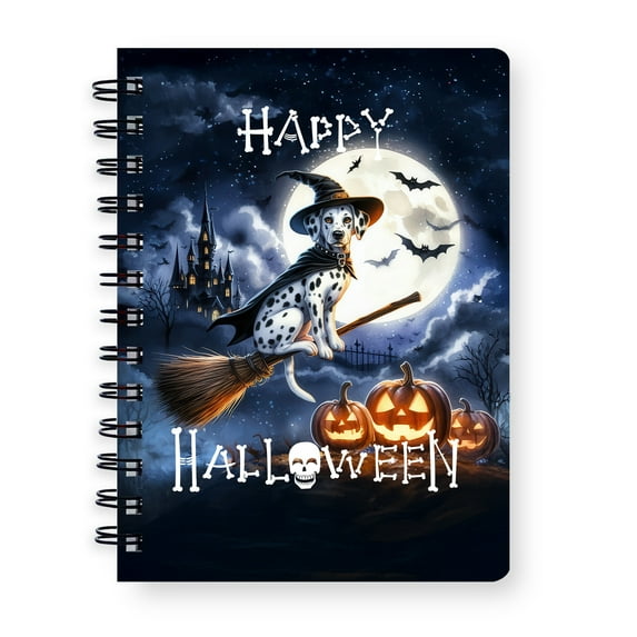 Happy Halloween Dalmatian Witch Pumpkins Bats Spiral Bound Journal Dog Lover 5x7in Spiral Notebook - 13012