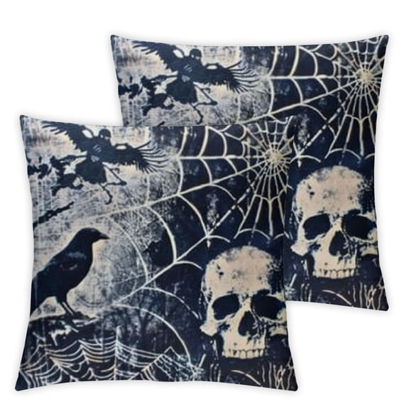 Happy Halloween Dark Grey Scary Halloween Night Pillow Covers Vintage Crow Bat Skull Skeleton Witch Castle Spider Web Throw Pillow Case Cushion Cover for Sofa Bed (HN-Crow)