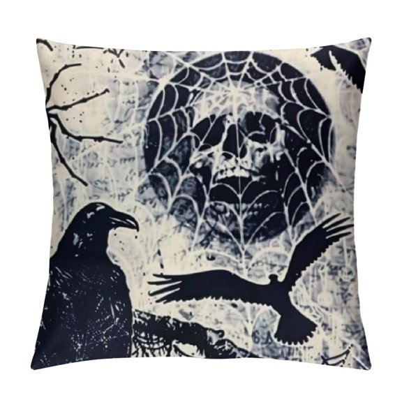 Happy Halloween Dark Grey Scary Halloween Night Pillow Covers Vintage Crow Bat Skull Skeleton Witch Castle Spider Web Throw Pillow Case Cushion Cover for Sofa Bed (HN-Crow)