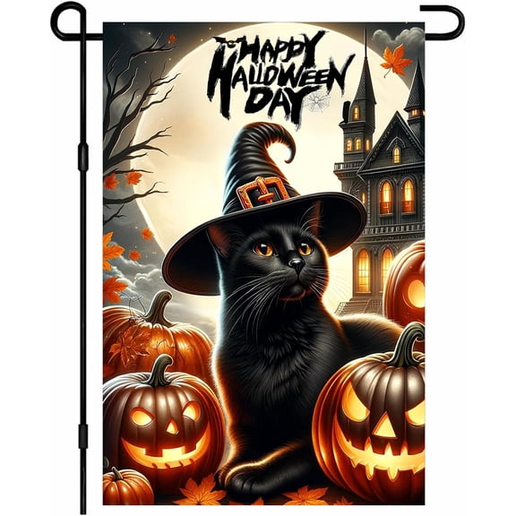 Happy Halloween Day Garden Flag Black Cat Flag Witch Hat Pumpkins 12x18 Inch Double Sided Spooky Outdoor Yard Decor House Banner Porch Lawn Patio Home Decoration