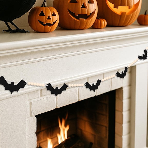 Happy Halloween Decorations Garland Banner Black Felt Bats with Wood Beads Pre-Assembled Farmhouse Spooky Hanging Banner for Mantle, Fireplace, Wall, Indoor Outdoor Party Supplies
