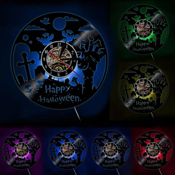 Happy Halloween Decorative Black Wall Clock Horror Decoration Zombie Hand Vintage Vinyl Record Wall Art Silent Quartz Wall Watch With LED