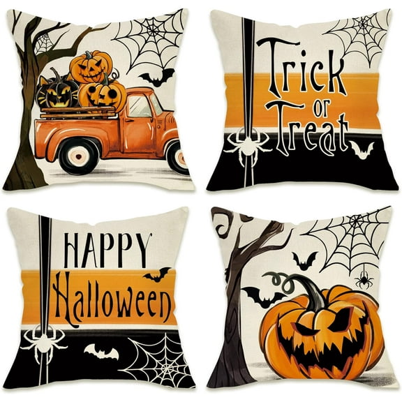 Happy Halloween Decorative Throw Pillow Covers 18 x 18 Set of 4, Trick or Treat Pumpkin Truck Porch Patio Outdoor Pillowcase, Jack O Lantern Bat Spider Fall Holiday Cushion Case Home Decor