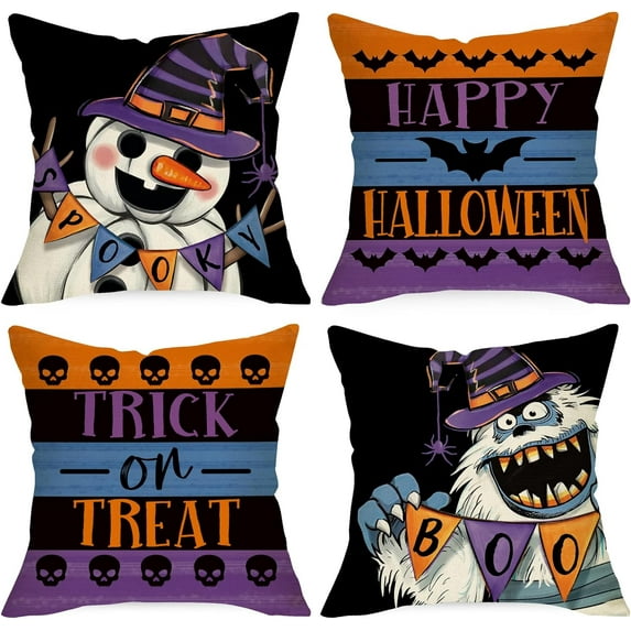 Happy Halloween Decorative Throw Pillow Covers 18 x 18 Set of 4, Trick or Treat Snowman Smallfoot Migo Skull Bat Cushion Case Decor, Spooky Boo Stripes Funny Home Decoration for Sofa Couch