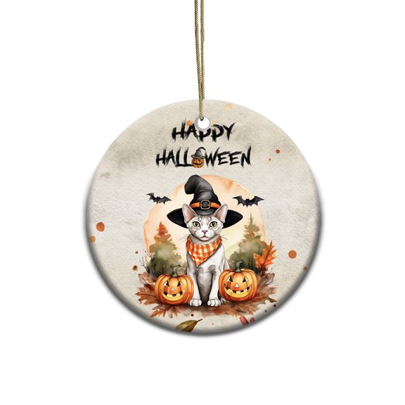 Happy Halloween Devon Rex Witches Hat Pumpkin Carving Ceramic Round Ornament Cat Lover Kitten Owner Gifts Home Tree Decor - 02019