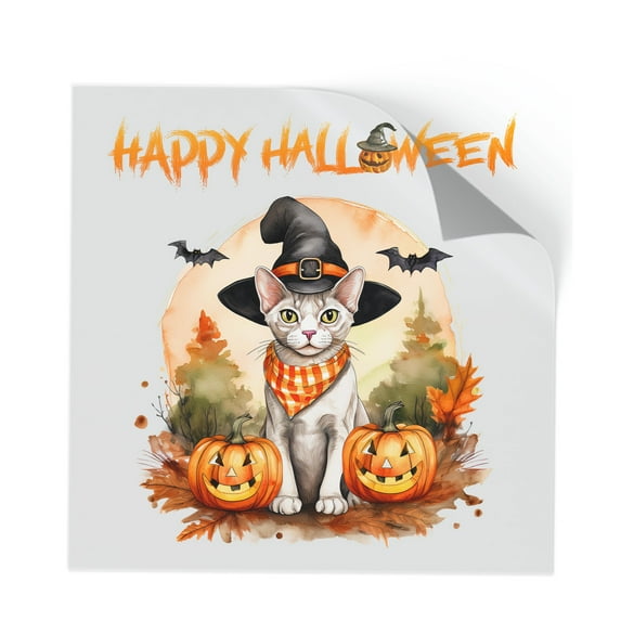 Happy Halloween Devon Rex Witches Hat Pumpkin Carving Cutout Transfer Sticker Cat Lover Kitten Owner Gifts Transparent Decal Art Decor - 02019