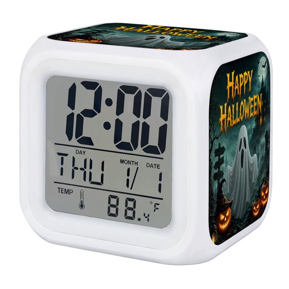 Happy Halloween Digital Alarm Clock for Bedrooms,Smart LED Alarm Clock with 7 Color Changing Night Light,Spooky Ghost Pumpkins Castle Graveyard Silent Wake Up Clocks for Sleep Study Cooking 3.2"x3.2"