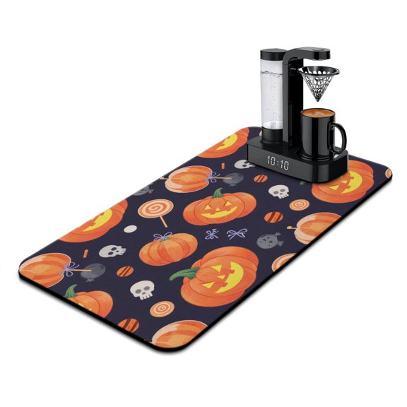 Happy Halloween Dish Drying Mat Evil Pumpkin Ghost Kitchen Drying Mat Absorbant Collapsible 17x31.5 Inch Dry Pad for Coffee Machine Dish Rack