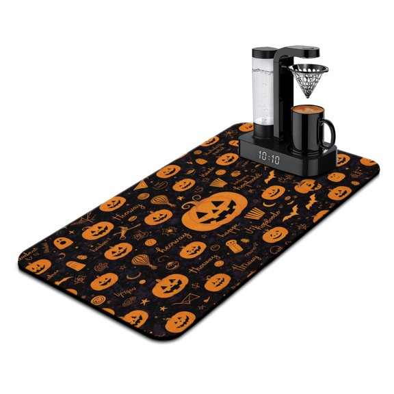 Happy Halloween Dish Drying Mat for Kitchen Counter Pumpkin Spooky Dish Drying Pad Non Slip Foldable Washable 17x31.5 Inch Dry Pad for Dining Table Coffee Bar