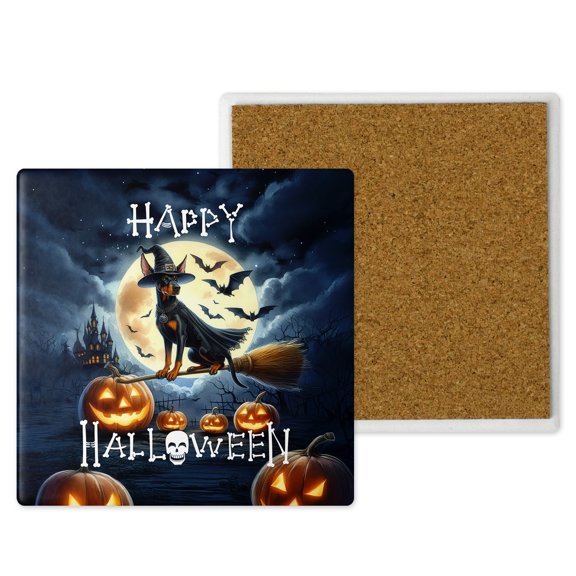 Happy Halloween Doberman Pinscher Witch Pumpkins Bats Set of 4 Stone Coasters Doberman Dog Lover Gifts 4x4in Absorbent Soapstone Coaster - 13012