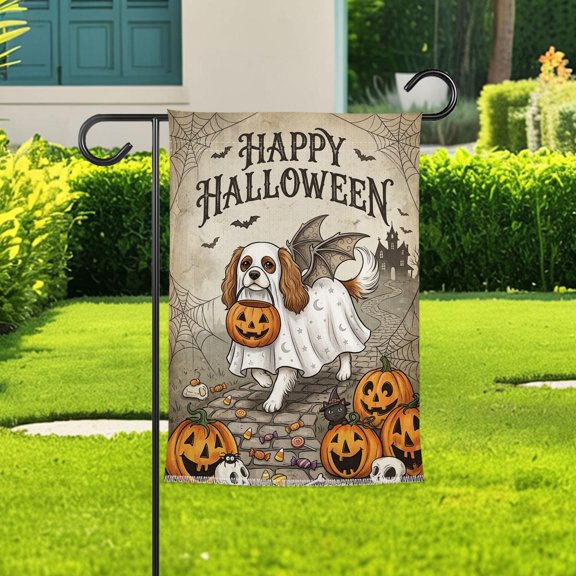 Happy Halloween Dog Garden Flag, Cute Ghost Pup Yard Flag, Pumpkin Pet Lover Garden Decor, Spooky Fall Porch Flag Gift Idea