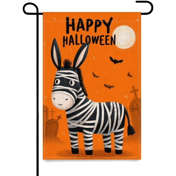 Happy Halloween Donkey Garden Flag 12 x 18 Double Sided Burlap Linen Autumn Outdoor Yard Flag