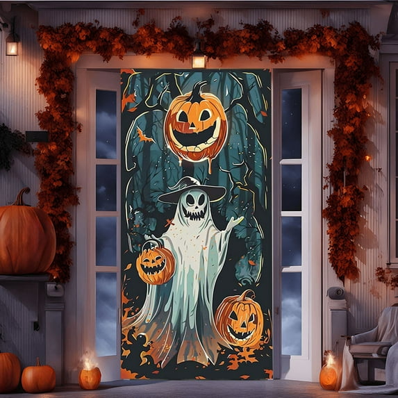Happy Halloween Door Cover, Cebalnir Ghost Pumpkins Black Cat Tomb Door Banner for Indoor Outdoor Halloween Eve Background Party Decorations, 35.43 x 70.87 Inch
