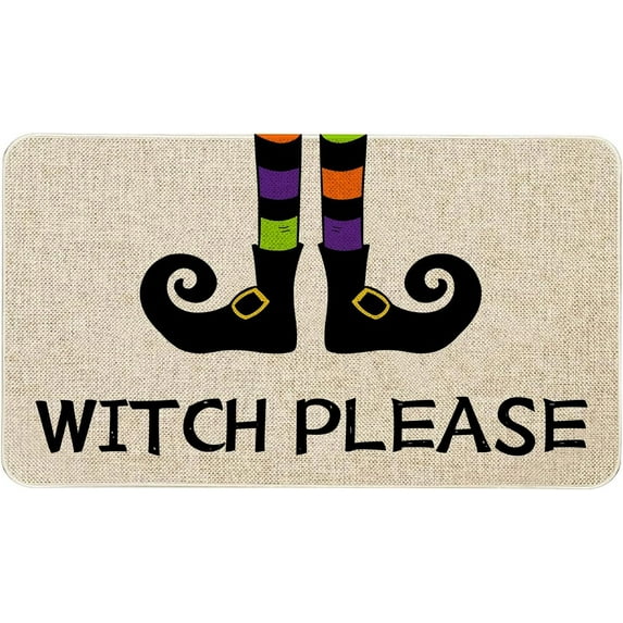 Happy Halloween Door Mat Witch Please Front Door Mat Non Slip Rubber Backing, Happy Halloween Skull Indoor Outdoor Entrance Mats, Halloween Home Decor Outdoor Rug, 17 x 30 Inch