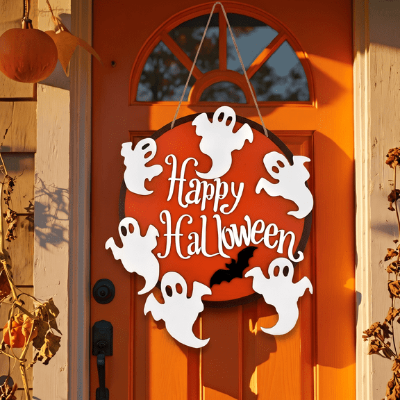 Halloween Door Sign Halloween Door Window Hanging Decoration Ghost & Bat Wooden Door Hanger with Removable Ghosts Farmhouse Halloween Decor for Front Door, Wall, Porch