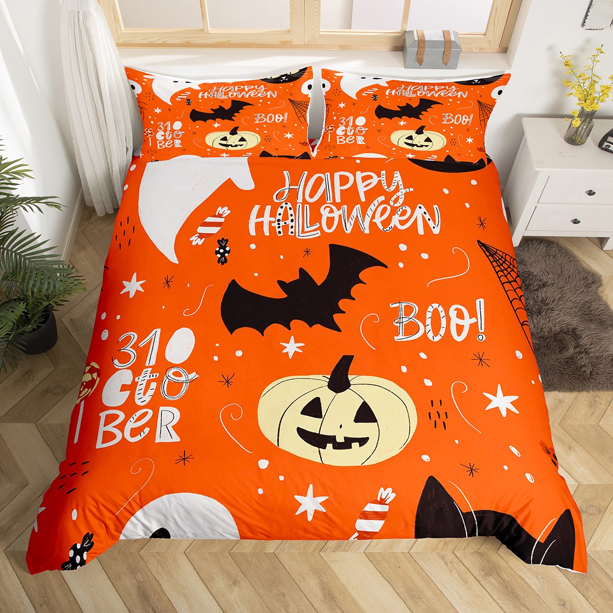 Happy Halloween Duvet Cover,Gothic Bats and Pumpkin Comforter Cover for Kids Boys Girls,Spooky