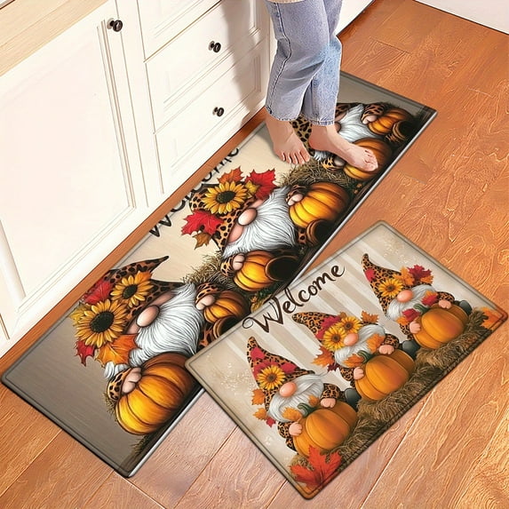 Happy Halloween Dwarf Image Leopard Print Top, Pumpkin Sunflower "Welcome" Light Grey Textured Background American Country Style Flannel Soft Earth Kitchen Floor Mat, Kitchen Rug Set