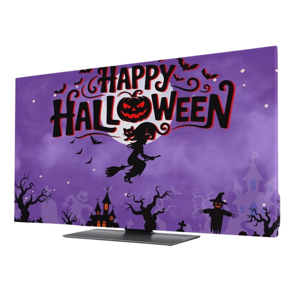 Happy Halloween Elastic Indoor TV Cover 55" Dust Protector,Stretch Fabric Flat Screen TV Covers,Pumpkin Witch Castle Cat Tree Purple Black Universal Anti-scratch Cover for Curved LCD LED OLED TVs