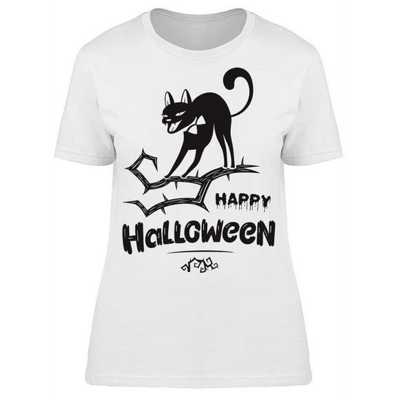 Happy Halloween Emblem Cat T-Shirt Women -Image by Shutterstock, Female x-Large