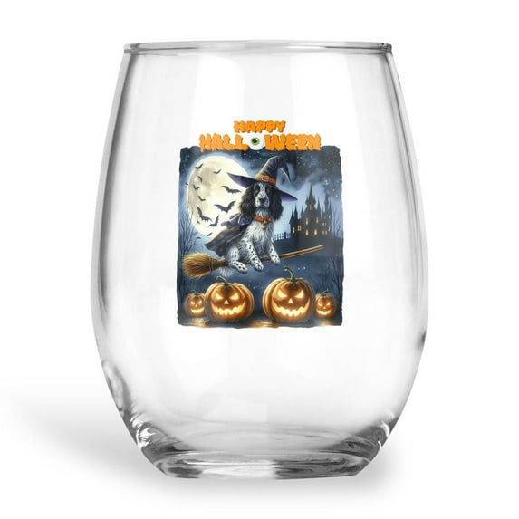 Happy Halloween English Setter Witch Pumpkins Bats 15oz Stemless Wine Glass Mug Dog Lover Wine Glasses Cup - 13012