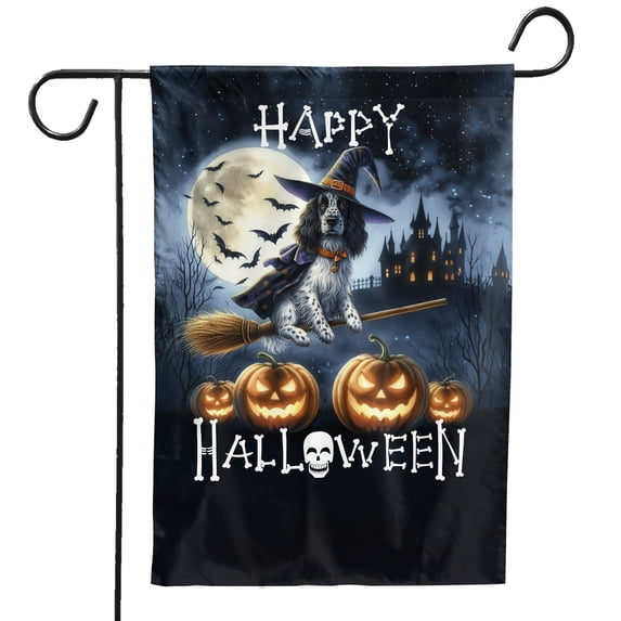 Happy Halloween English Setter Witch Pumpkins Bats Garden Flag 12x18in Double Sided Dog Lover Outdoor Decor - 13012