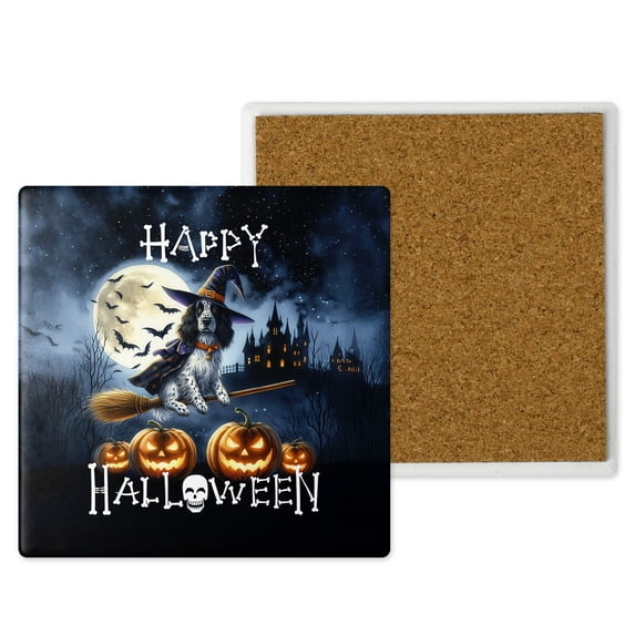 Happy Halloween English Setter Witch Pumpkins Bats Set of 4 Stone Coasters Dog Lover 4x4in Absorbent Soapstone Coaster - 13012