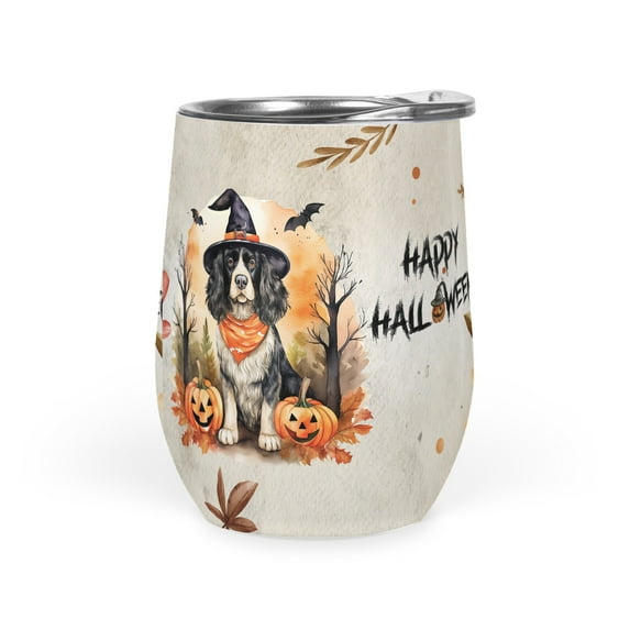 Happy Halloween English Springer Spaniel Witches Hat Pumpkin Carving 12oz Stainless Steel Wine Tumbler Insulated Cup with Lid Springers Dog Lover Gifts - 02019