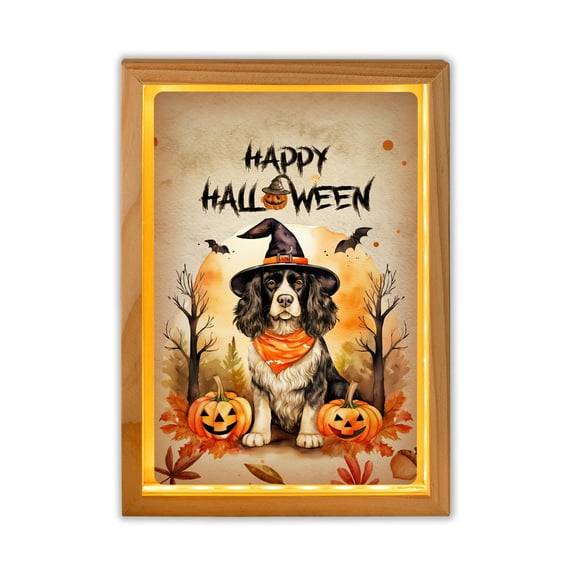 Happy Halloween English Springer Spaniel Witches Hat Pumpkin Carving Acrylic Plaque with Wood Photo Frame Box Springers Dog Lover Gifts Light Box - 02019