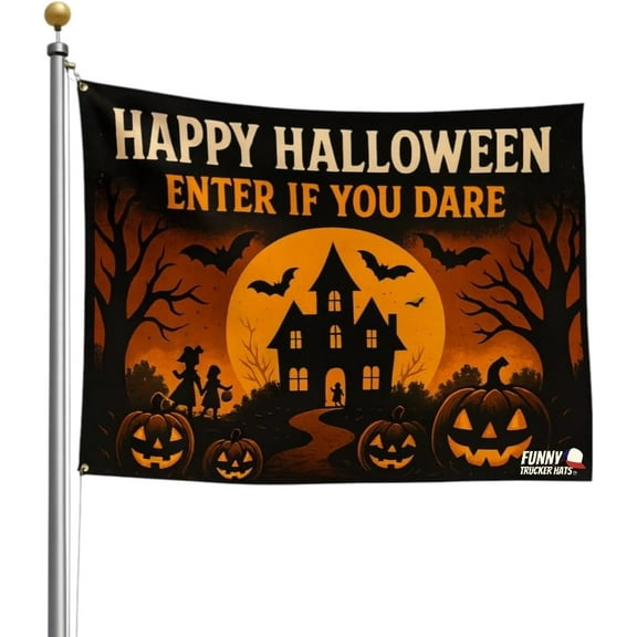 Happy Halloween Flag – Enter If You Dare 3x5 FT Haunted House & Pumpkins Outdoor Banner with 2 Metal Grommets – Spooky Yard, Porch, or Party Decoration