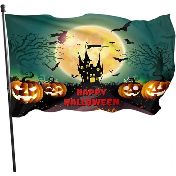 Happy Halloween Flag Outdoor,dark castle pumpkins bats evil full Moon Garden Flags House Flags Banner Decor For Courtyard Porch Lawn