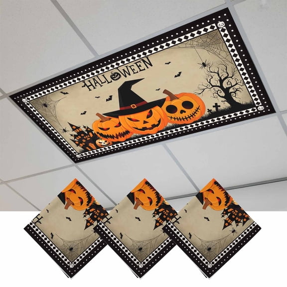 Happy Halloween Fluorescent Light Covers, Spooky Pumpkins Horror Bat Brown Magnetic Light Covers for Ceiling Lights, Fluorescent Ceiling Shade Filters for Classroom Bedroom Office 4x2Ft x 3PCS