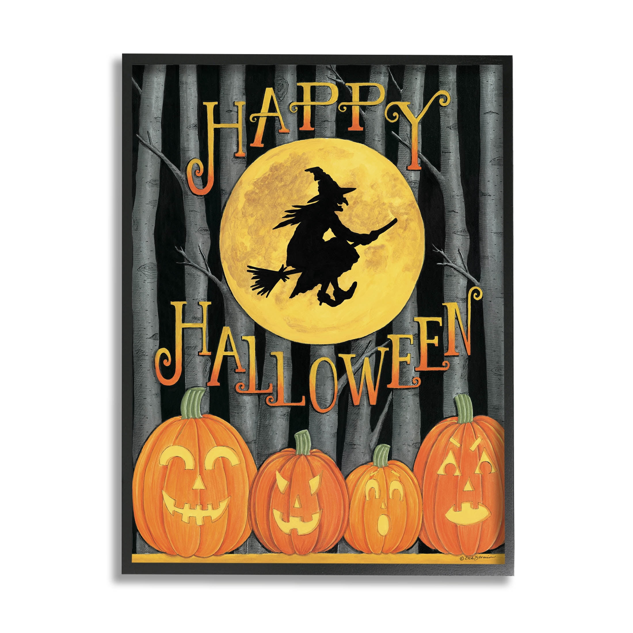 Happy Halloween Forest Witch Holiday Graphic Art Black Framed Art Print Wall Art