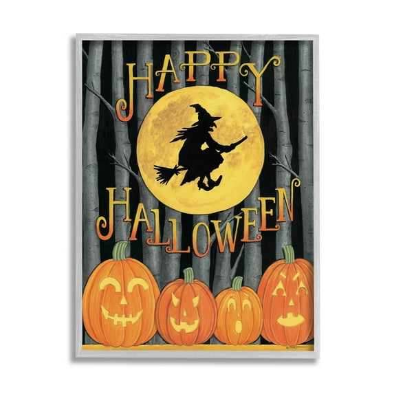 Happy Halloween Forest Witch Holiday Graphic Art Gray Framed Art Print Wall Art