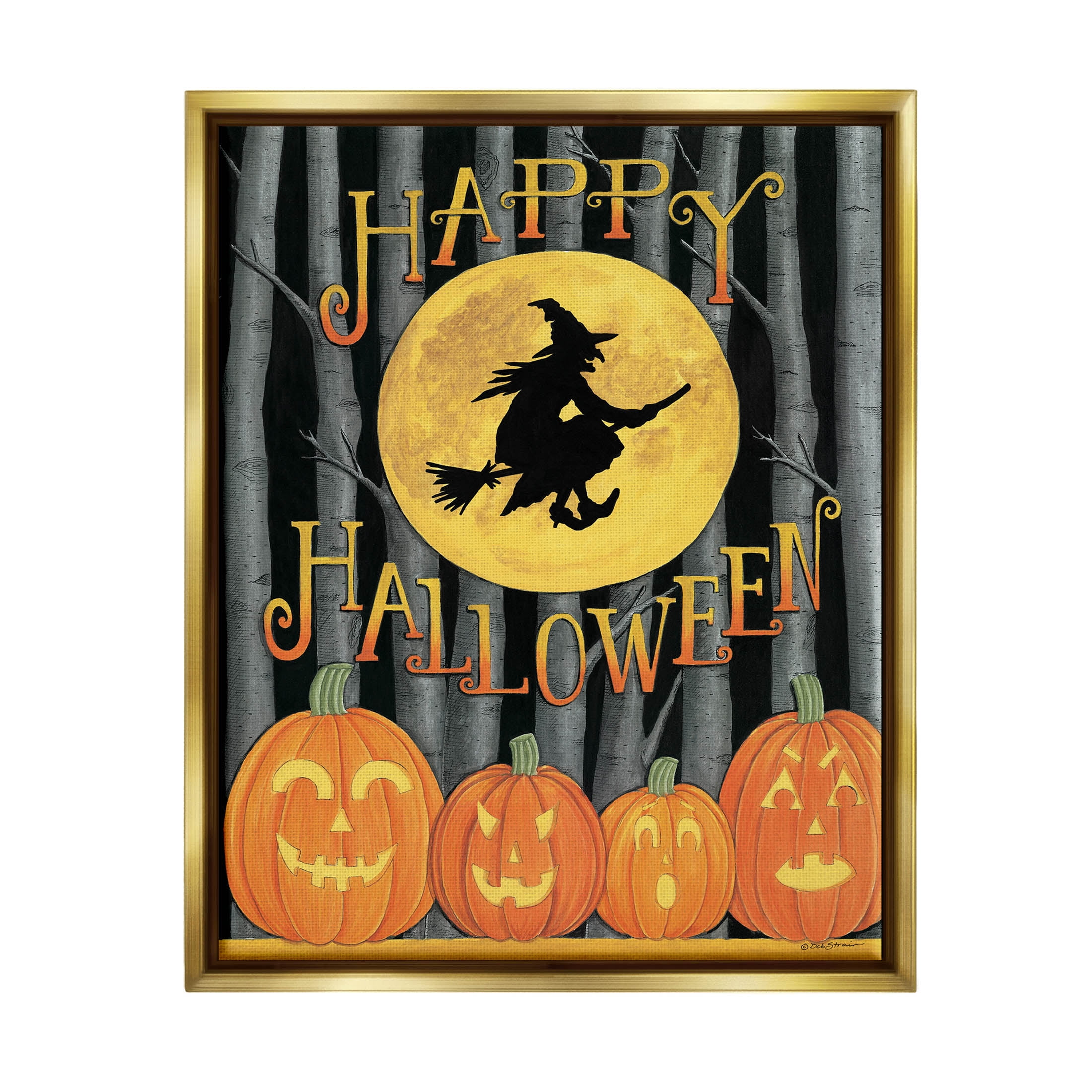 Happy Halloween Forest Witch Holiday Graphic Art Metallic Gold Framed Art Print Wall Art