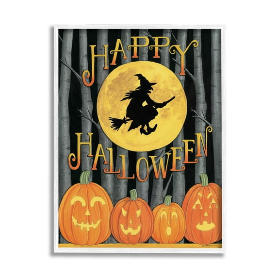 Happy Halloween Forest Witch Holiday Graphic Art White Framed Art Print Wall Art