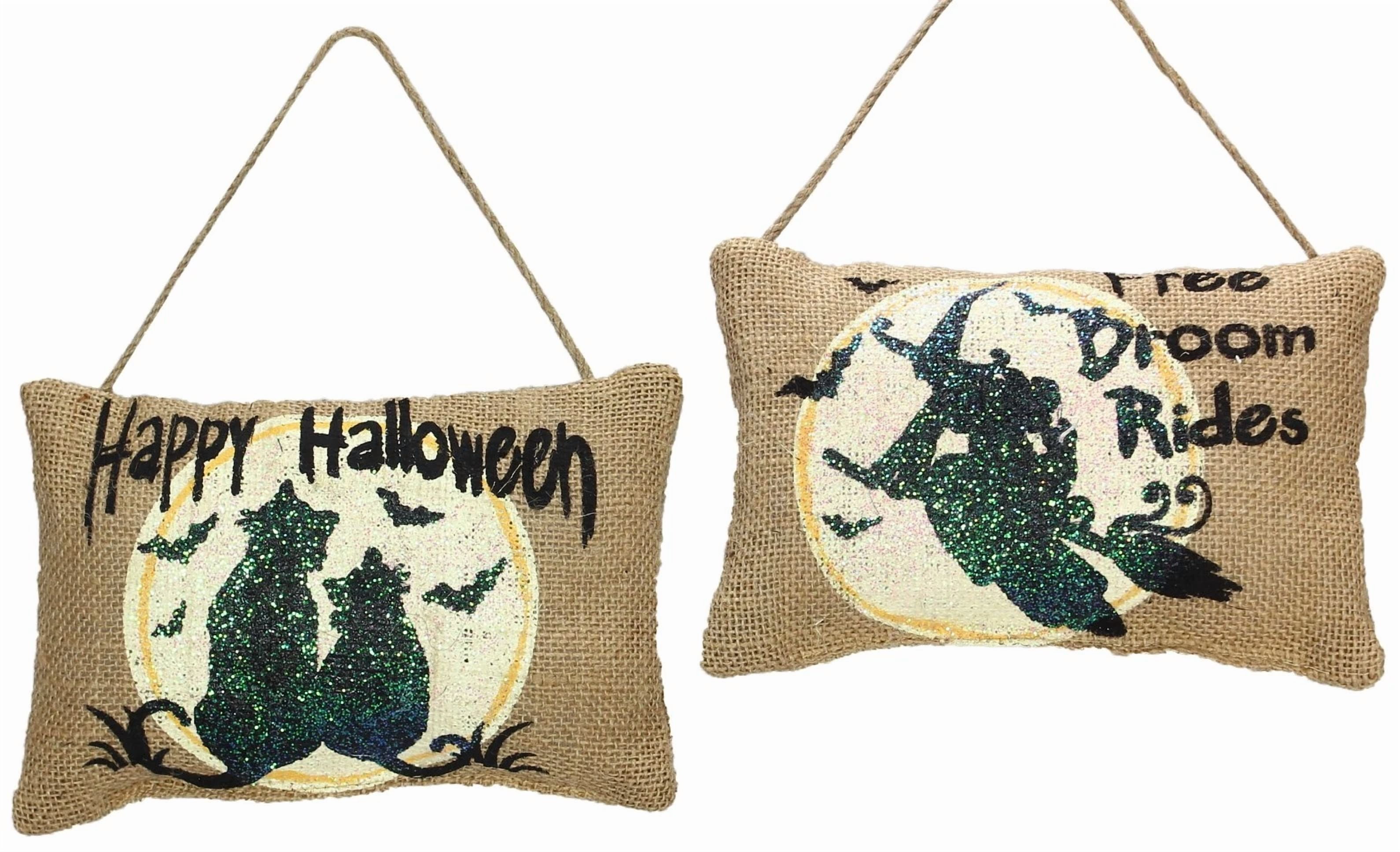 Happy Halloween Free Broom Rides Witch Cat Burlap Mini Pillows Set Of 2