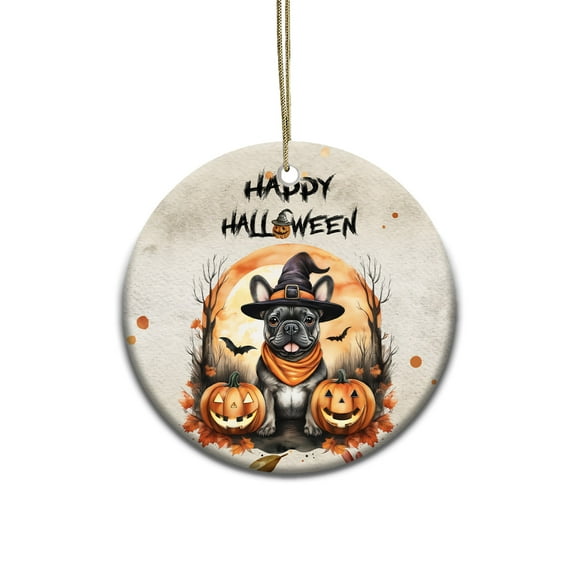 Happy Halloween French Bulldog Witches Hat Pumpkin Carving Ceramic Round Ornament Dog Lover Gifts Home Tree Decor - 02019